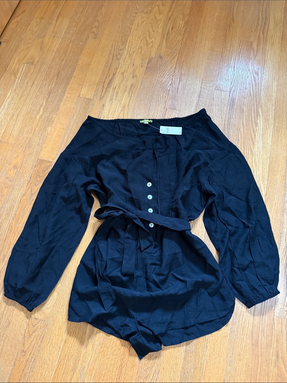 Black Off-Shoulder Button-Front Top with Waist Tie